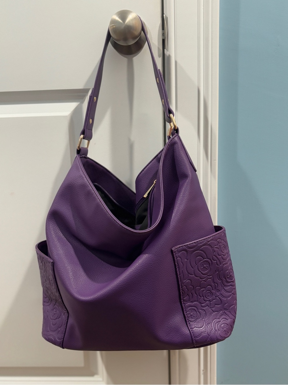 Purple Shoulder Bag with Embossed Floral Side Panels